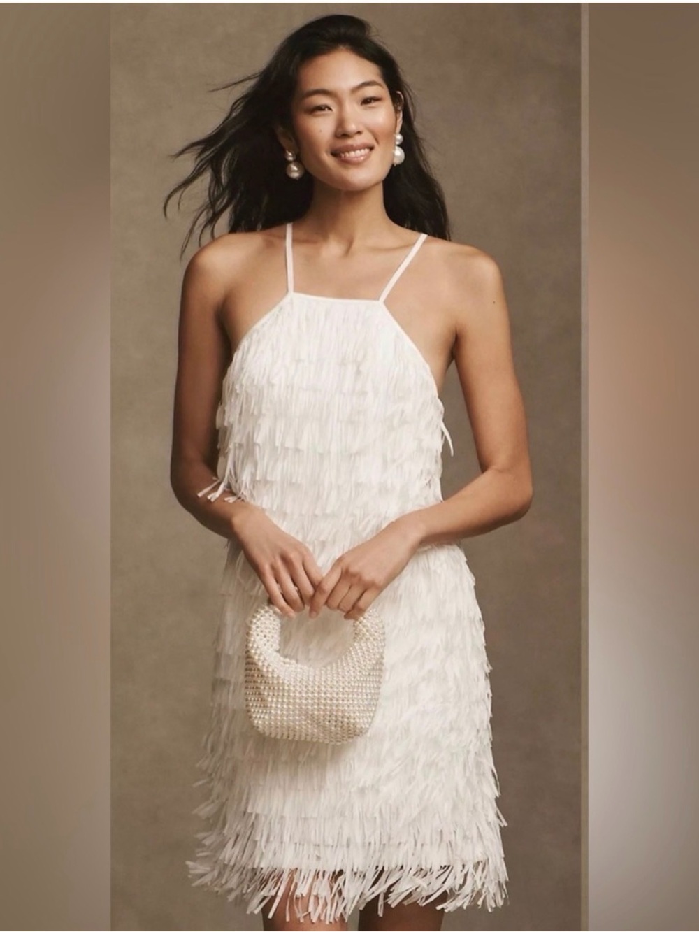 Anthropology White Fringe Halter Dress